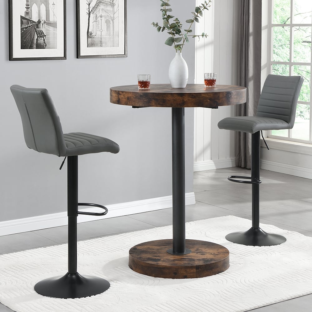 Havana Rustic Oak Bar Table With Black Base 2 Ripple Grey Stools