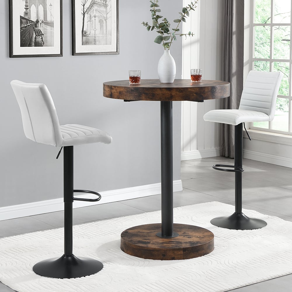 Havana Rustic Oak Bar Table With Black Base 2 Ripple White Stools