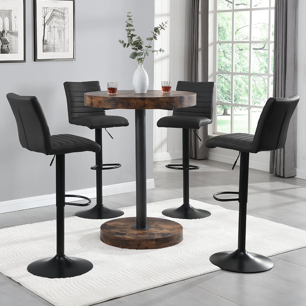 Havana Rustic Oak Bar Table With Black Base 4 Ripple Black Stools