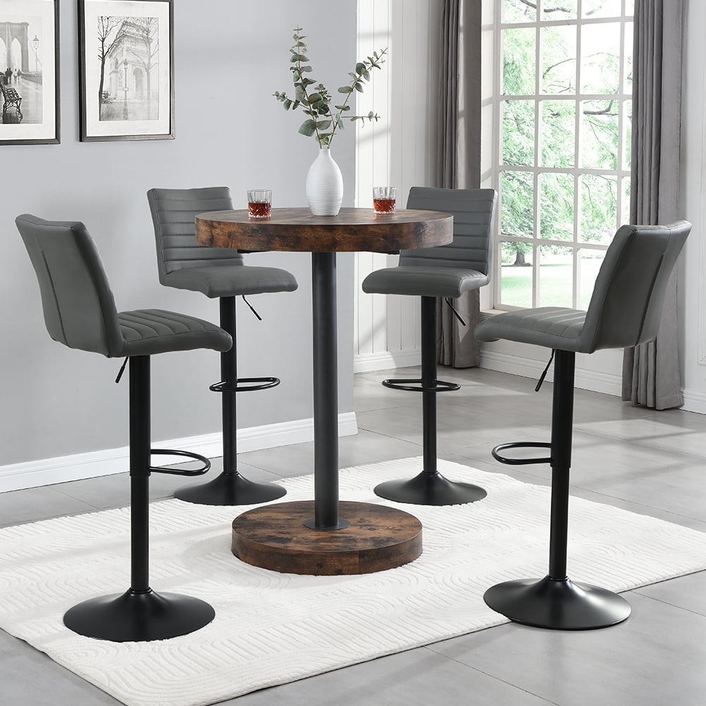 Havana Rustic Oak Bar Table With Black Base 4 Ripple Grey Stools