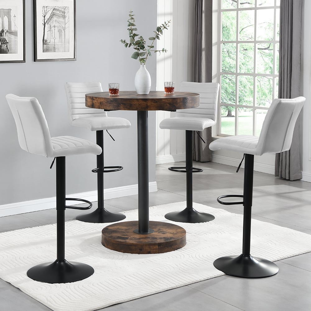 Havana Rustic Oak Bar Table With Black Base 4 Ripple White Stools