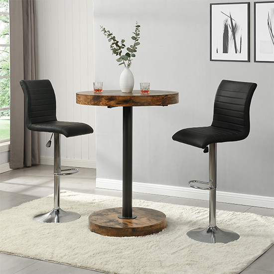 Read more about Havana rustic oak wooden bar table with 2 ripple black stools
