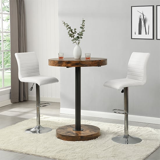 Havana Rustic Oak Wooden Bar Table With 2 Ripple White Stools