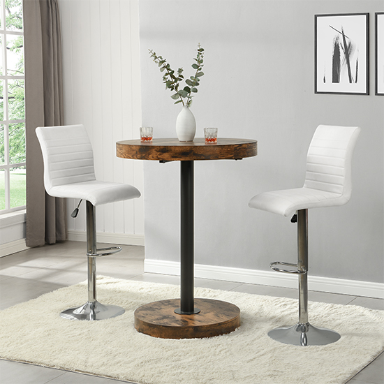 Havana Rustic Oak Wooden Bar Table With 2 Ripple White Stools