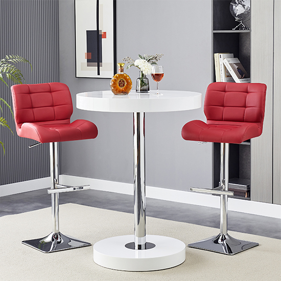 Read more about Havana white gloss bar table with 2 candid bordeaux stools