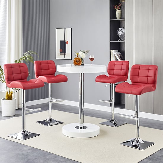 Havana White High Gloss Bar Table With 4 Candid Bordeaux Stools