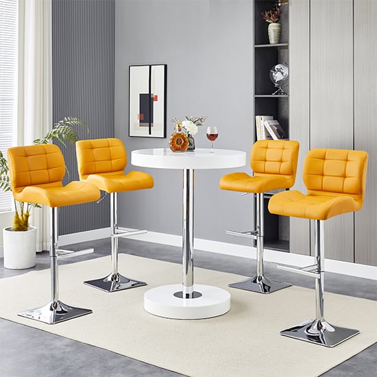 Havana White High Gloss Bar Table With 4 Candid Curry Stools
