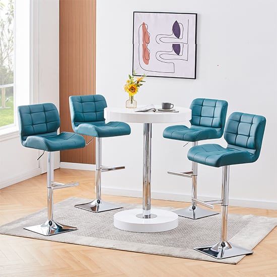 Havana White High Gloss Bar Table With 4 Candid Teal Stools_1