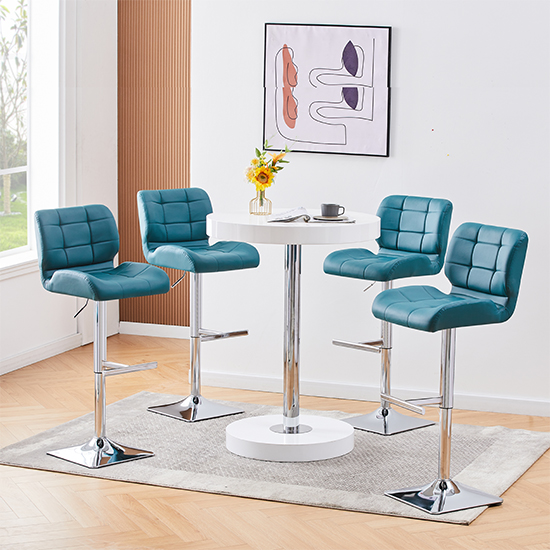 Photo of Havana white high gloss bar table with 4 candid teal stools