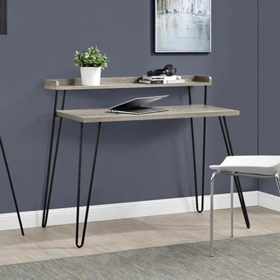 Product photograph of Himley Wooden Laptop Desk With Riser In Distressed Grey Oak from Furniture in Fashion