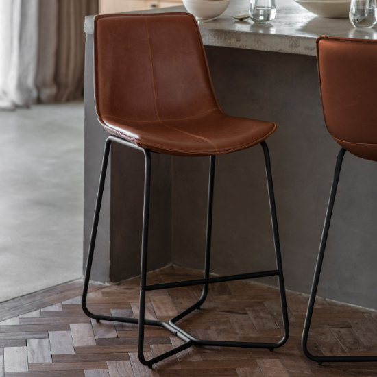 Holland Brown Leather Bar Chairs With Metal Base In Pair