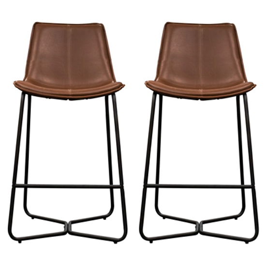 Read more about Holland brown leather bar chairs with metal base in pair