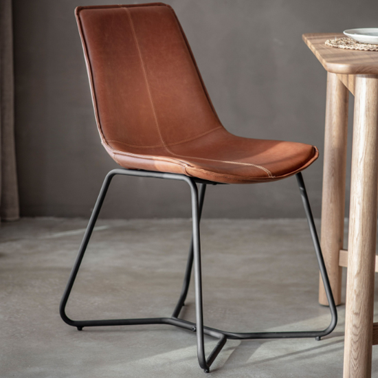 Holland Brown PU Leather Dining Chairs With Black Frame In Pair