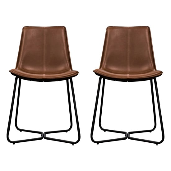 Holland Brown Leather Dining Chairs With Metal Base In A Pair_1