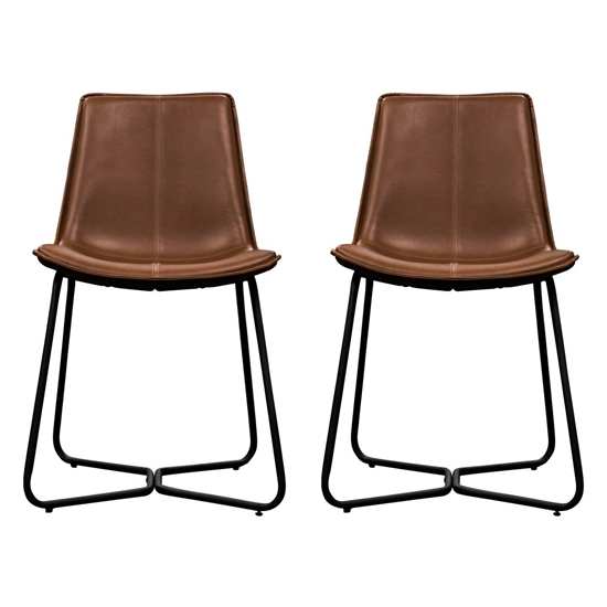 Read more about Holland brown leather dining chairs with metal base in a pair