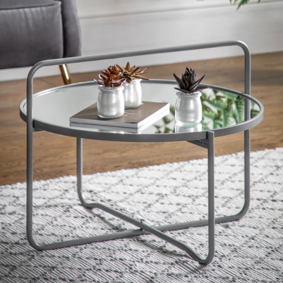 Photo of Hawley round glass coffee table with metal frame in grey