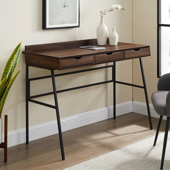 Product photograph of Hawley Wooden Laptop Desk Angled With 3 Drawers In Dark Walnut from Furniture in Fashion