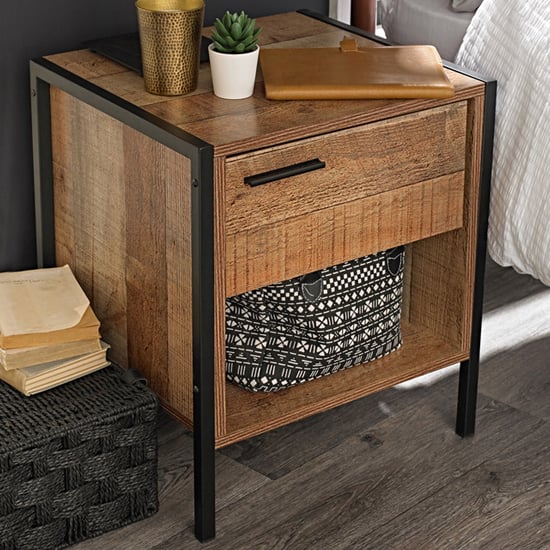 Product photograph of Haxtun Wooden Bedside Cabinet With 1 Drawer In Distressed Oak from Furniture in Fashion