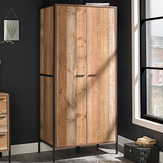 Product photograph of Haxtun Wooden Wardrobe With 2 Doors In Distressed Oak from Furniture in Fashion