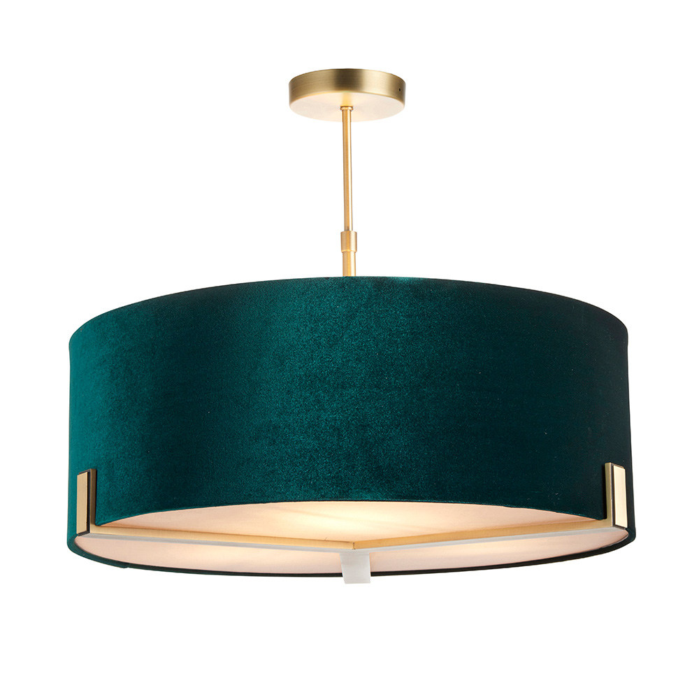 Hayfield 3 Light Rich Green Velvet Shade Pendant Light In Brass