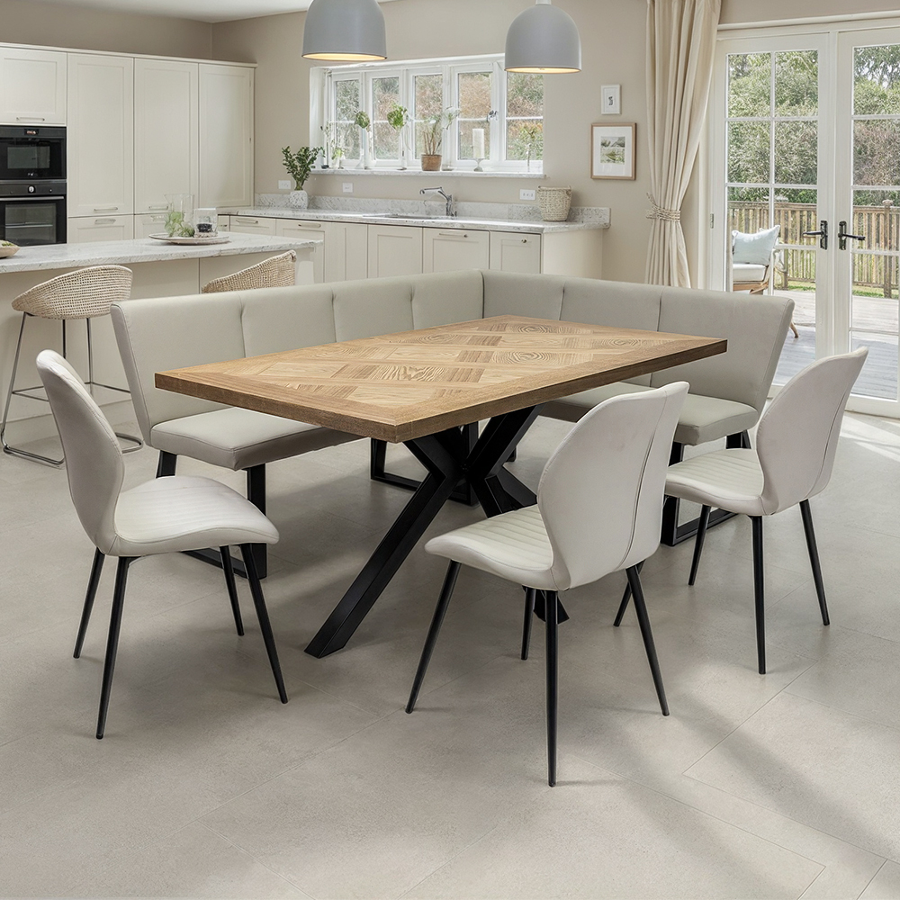 Hazen Oak Veneer Dining Table with 3 Sirel Stone Chairs and Wesin Bench