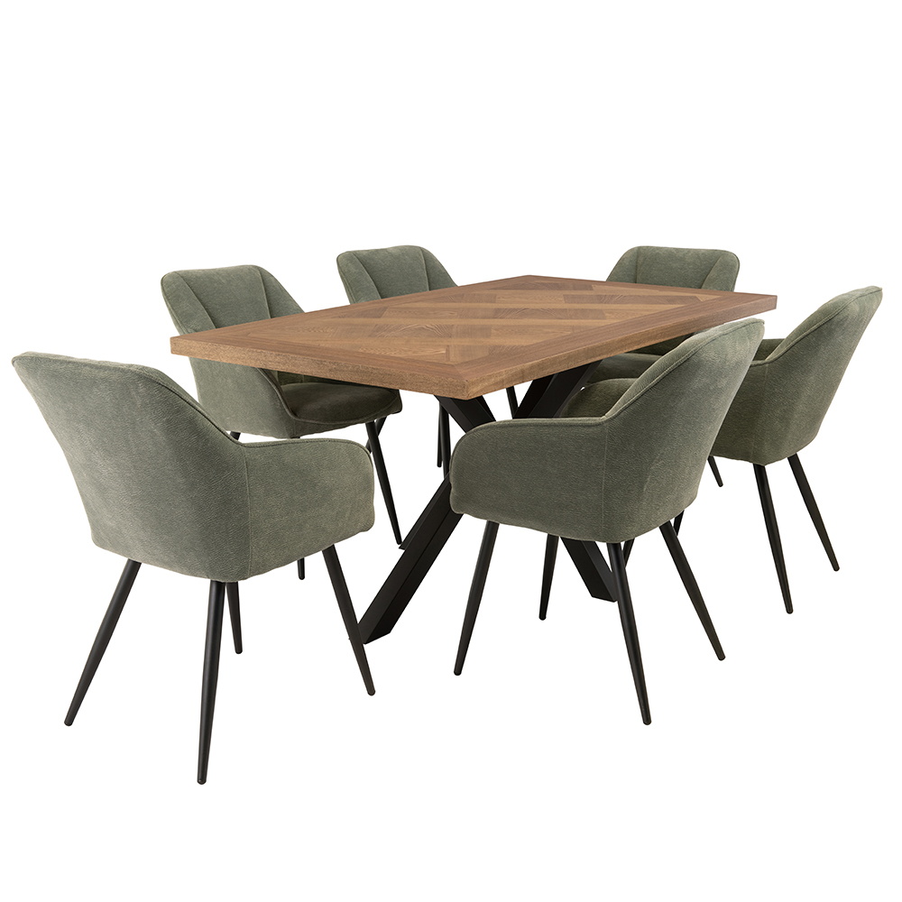 Hazen Oak Veneer Dining Table with 6 Mint Green Chairs