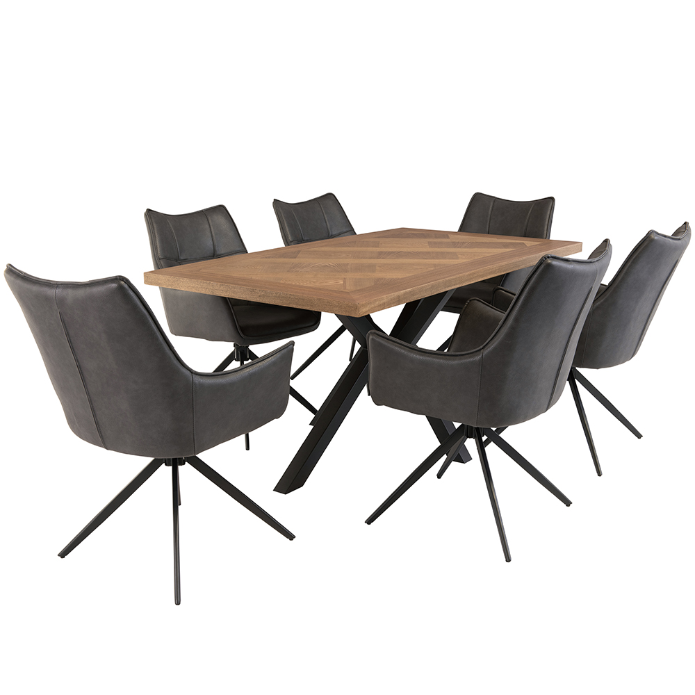 Hazen Oak Veneer Dining Table with 6 Vernon Charcoal Chairs