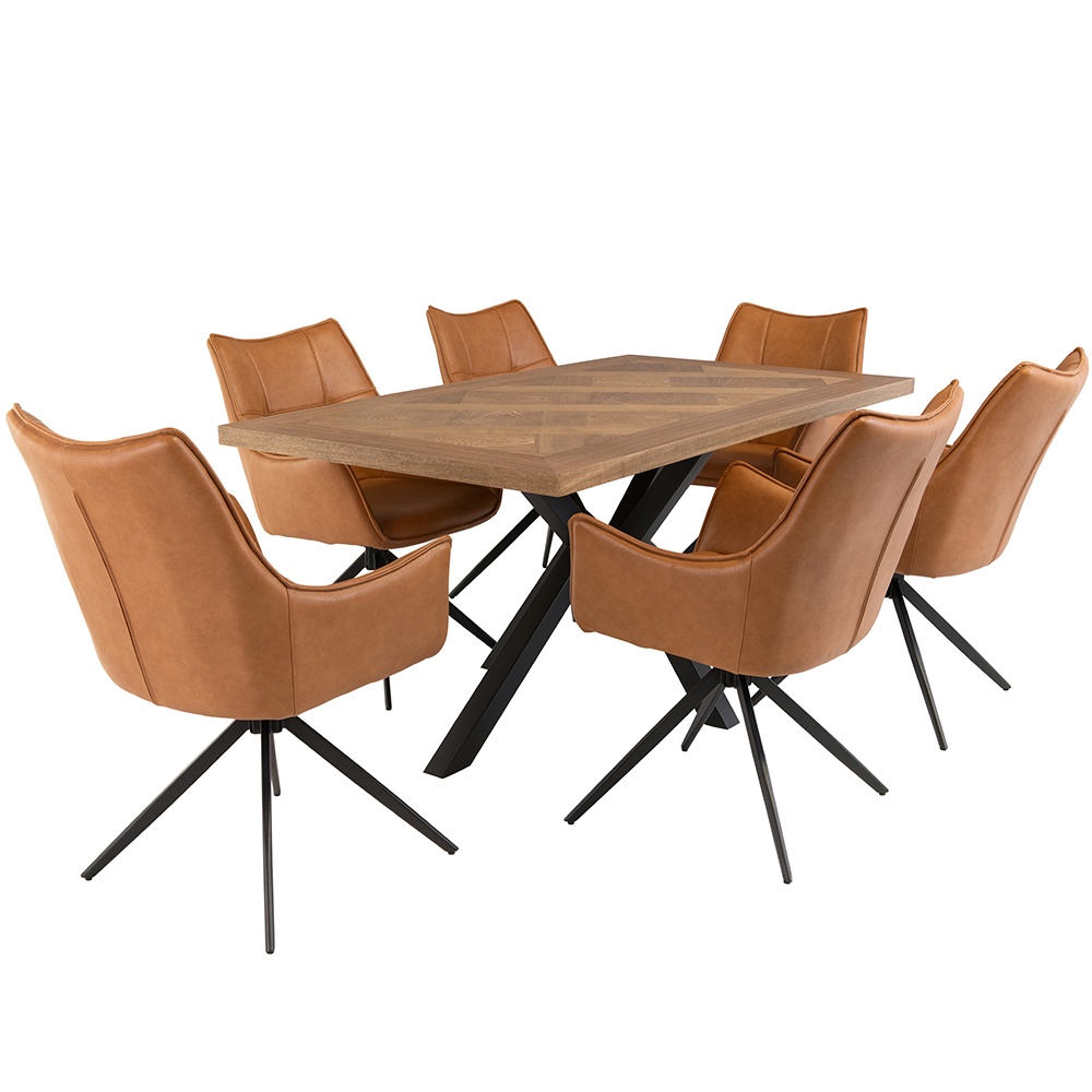 Hazen Oak Veneer Dining Table with 6 Vernon Tan Chairs