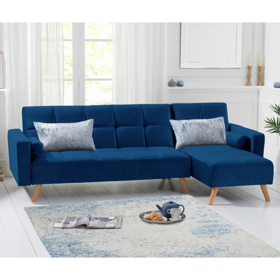 Haddon Velvet Right Hand Facing Chaise Sofa Bed In Blue