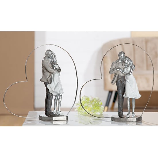 Read more about Heart couple poly set of 2 design sculpture in antique silver