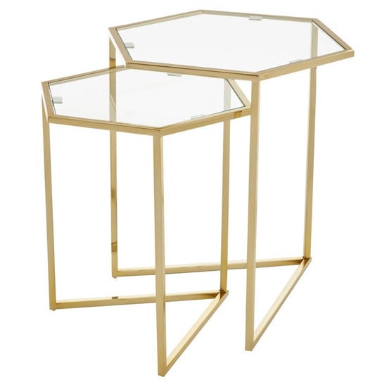 Heber Hexagonal Glass Nest Of 2 Tables With Gold Steel Frame