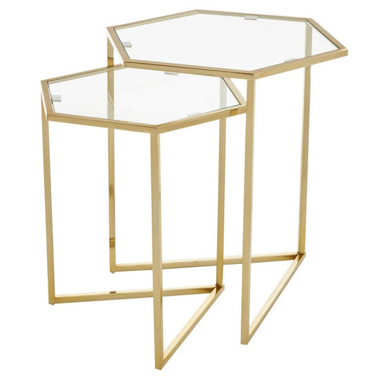 Product photograph of Heber Hexagonal Glass Nest Of 2 Tables With Gold Steel Frame from Furniture in Fashion