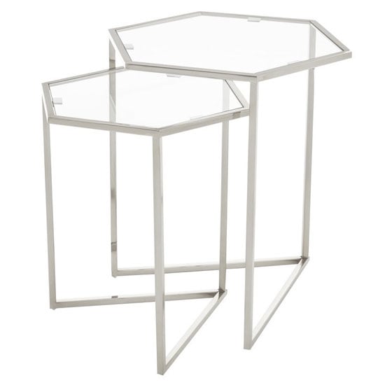 Heber Hexagonal Glass Nest Of 2 Tables With Silver Steel Frame