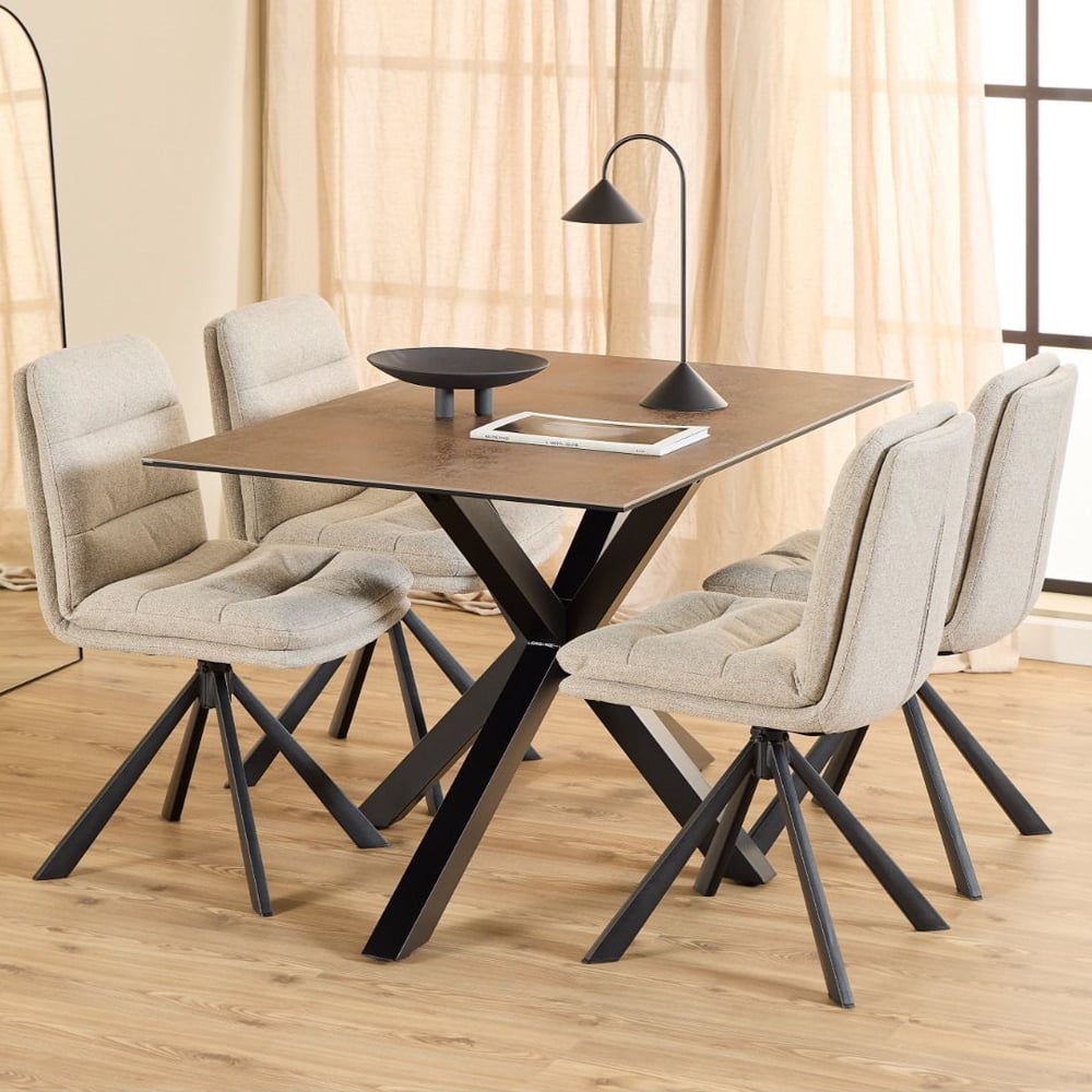 Hebron Ceramic Dining Table With 4 Downey Beige Chairs In Brown
