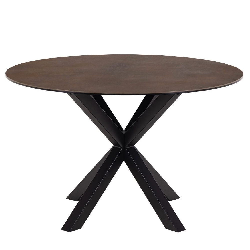 Hebron Ceramic Round Dining Table With Metal Base In Rustic Brown