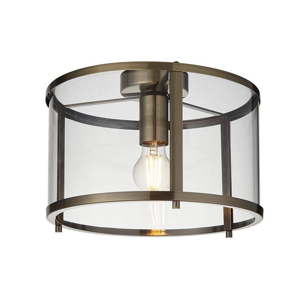 Hebron Clear Glass Shade Flush Ceiling Light In Antique Brass