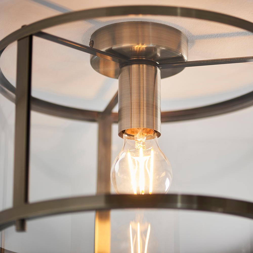 Hebron Clear Glass Shade Flush Ceiling Light In Antique Brass