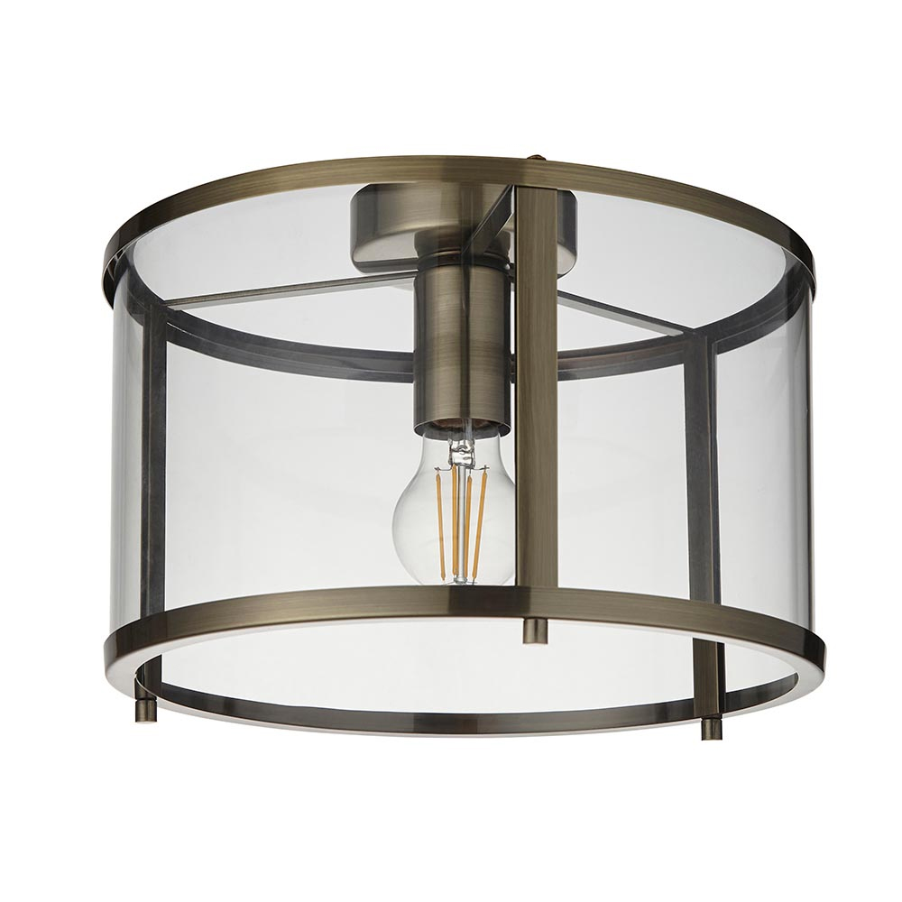 Hebron Clear Glass Shade Flush Ceiling Light In Antique Brass