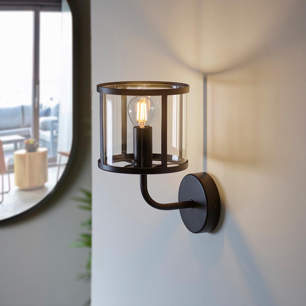 Read more about Hebron clear glass shade wall light in matt black