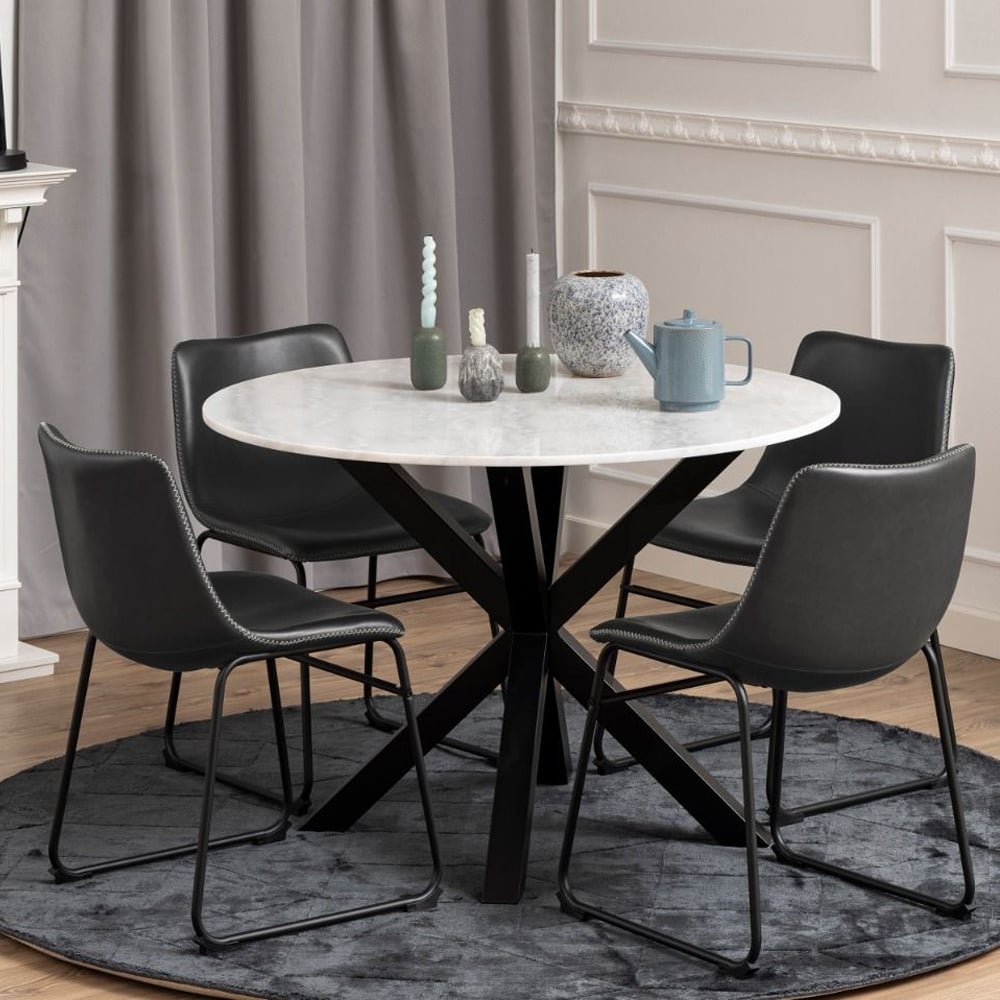 Hebron Marble Dining Table With 4 Ogden Black Chairs In White