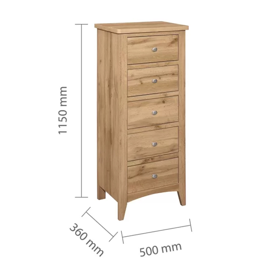 Hebron Wooden Chest Of 5 Drawers Tall In Oak