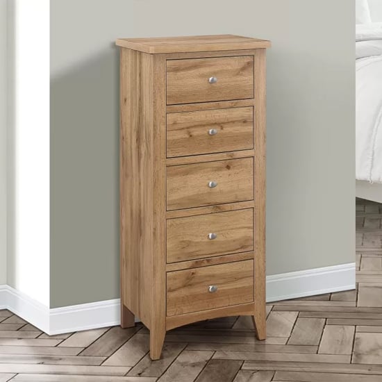 Read more about Hebron wooden chest of 5 drawers tall in oak