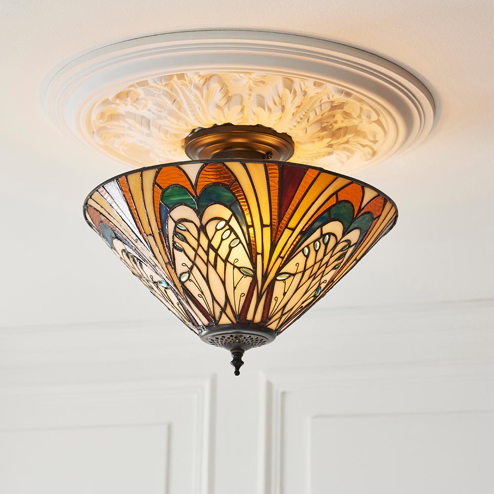 Hector 3 Lights Tiffany Glass Semi Flush Light In Satin Black