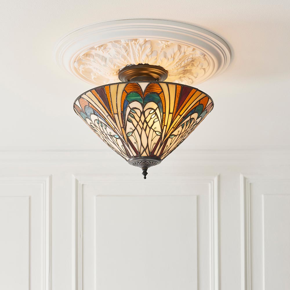 Hector 3 Lights Tiffany Glass Semi Flush Light In Satin Black