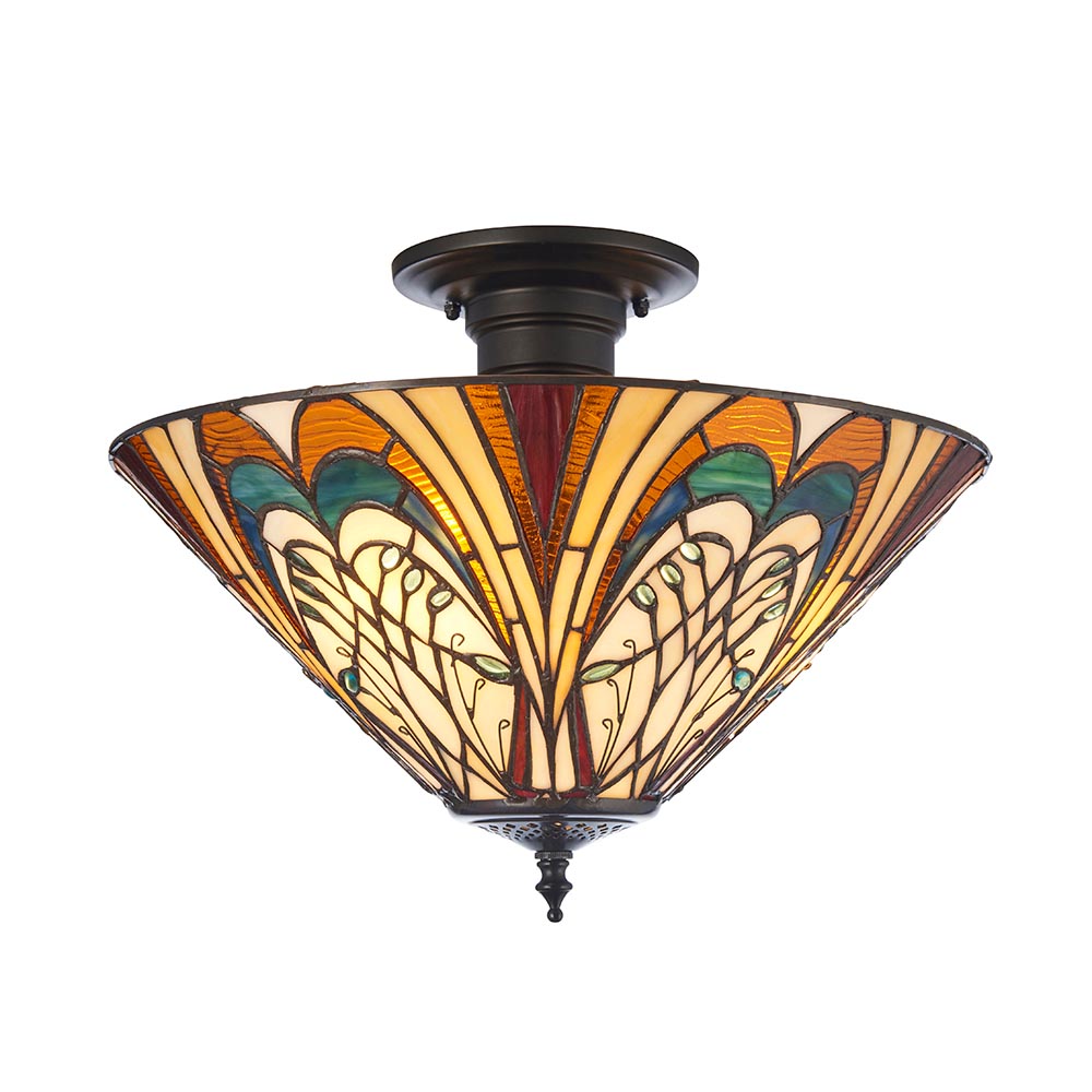 Hector 3 Lights Tiffany Glass Semi Flush Light In Satin Black