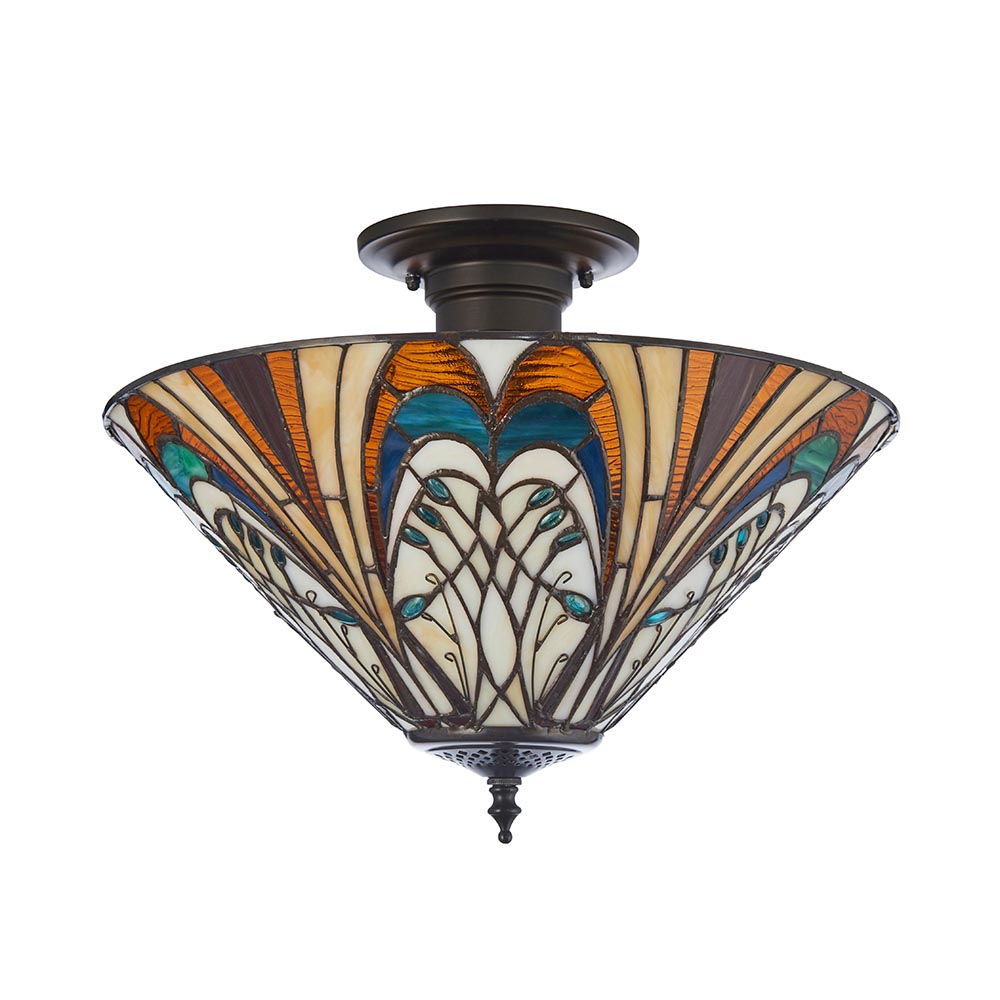 Hector 3 Lights Tiffany Glass Semi Flush Light In Satin Black