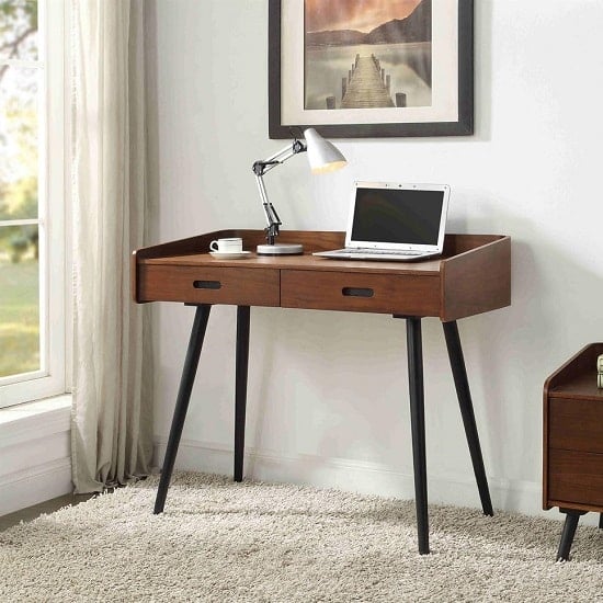Hector Wooden Computer Desk In Walnut With 2 Drawers