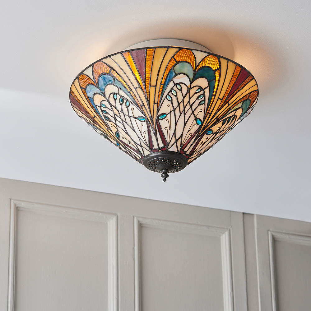 Hector Tiffany Glass Shade Flush Light In Satin Black