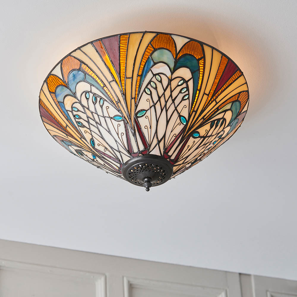 Hector Tiffany Glass Shade Flush Light In Satin Black