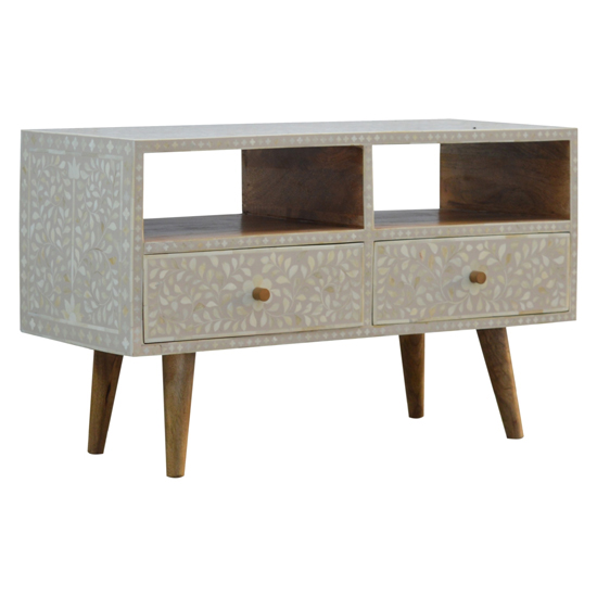 Hedley Wooden TV Stand In Floral Bone Inlay And Oak Ish
